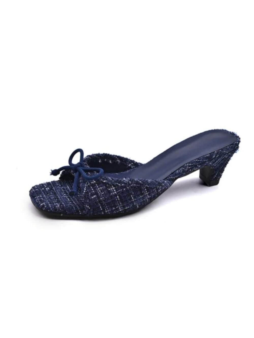 ZARA Blue Tweed Kitten Heel Mules Bow Detail Slip On Shoes Women Size 39EU8.5 US
